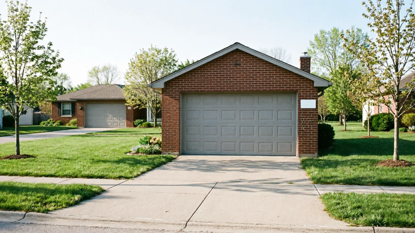 The house has a gray garage door, a brick exterior, and a green lawn.