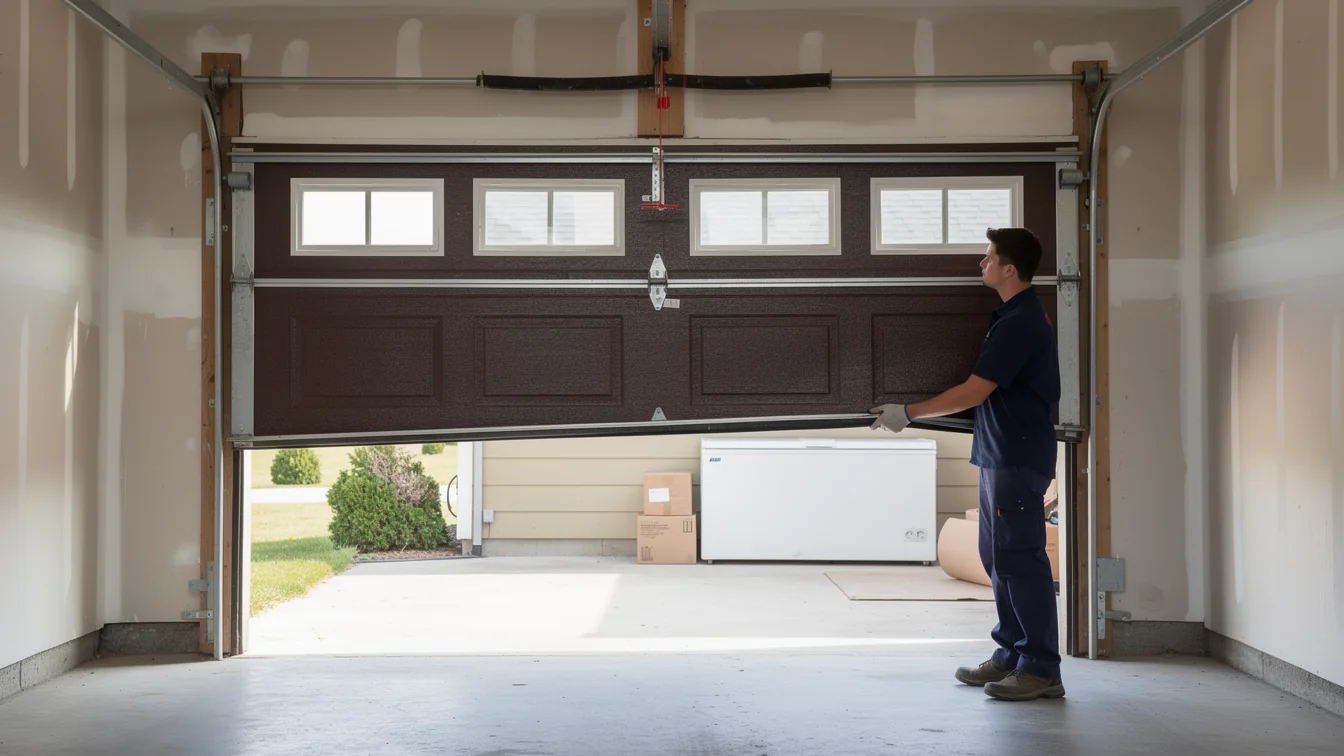 A technician in a blue shirt is installing a brown garage door with windows.