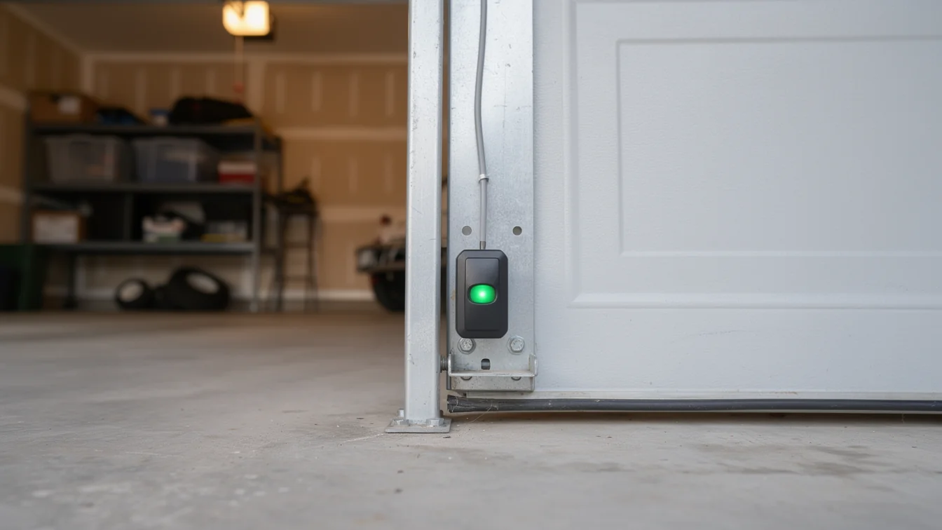A green light is on a black sensor next to a white garage door.