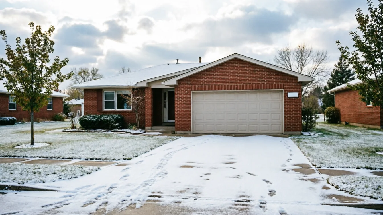 A brick house with a white garage door and a snow-covered driveway.