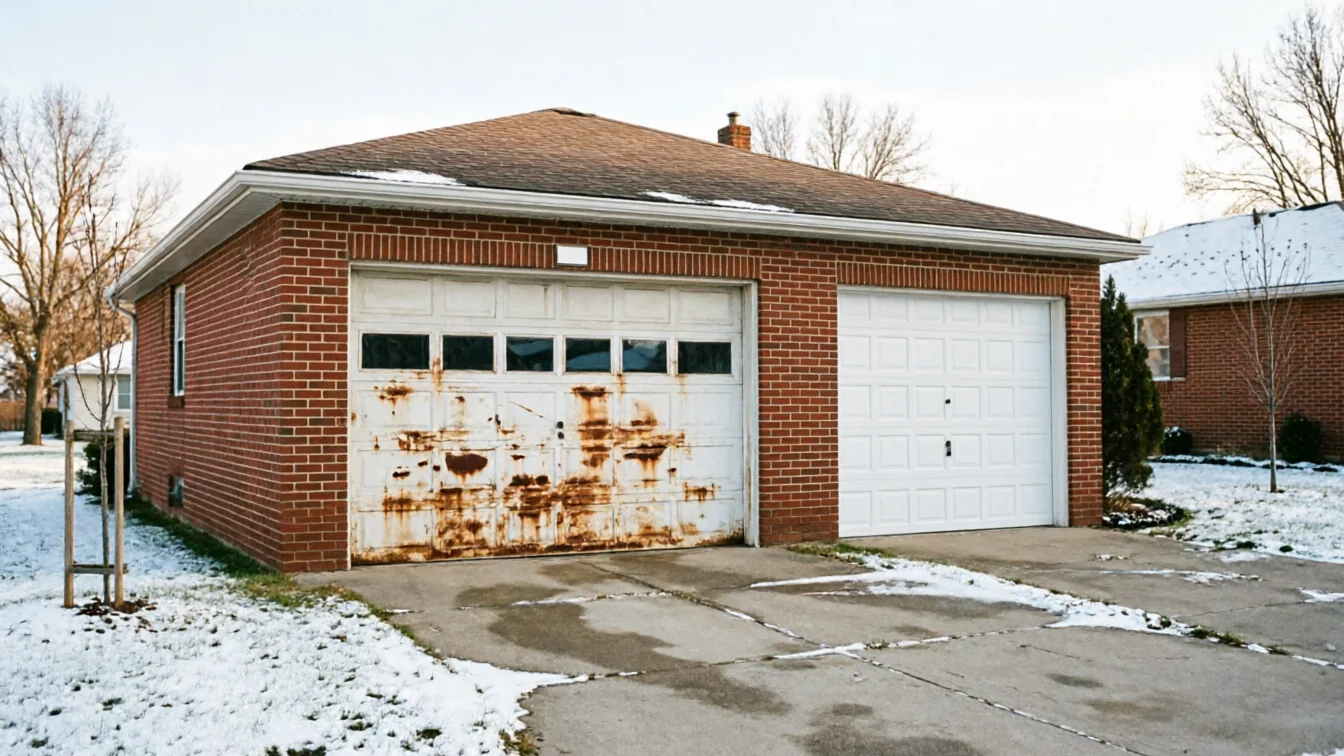 A brick garage has one rusty white garage door and one clean white garage door.